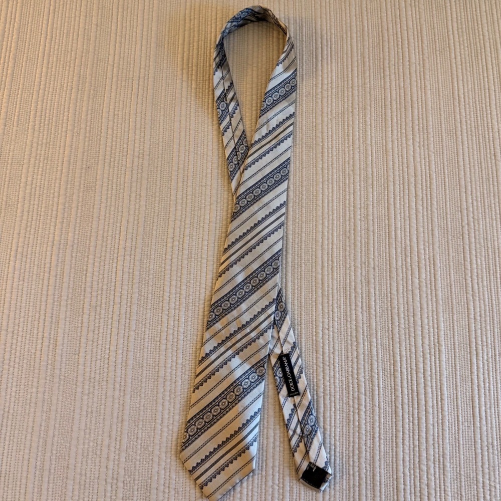 Dolce & Gabbana Mens Silk Tie Silver Blue Geometric Stripe Made in‎ Italy